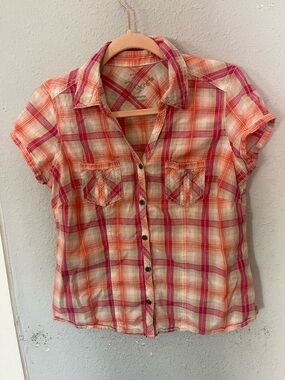 Sonoma Pink and Orange Plaid Cotton Button-Up Shirt